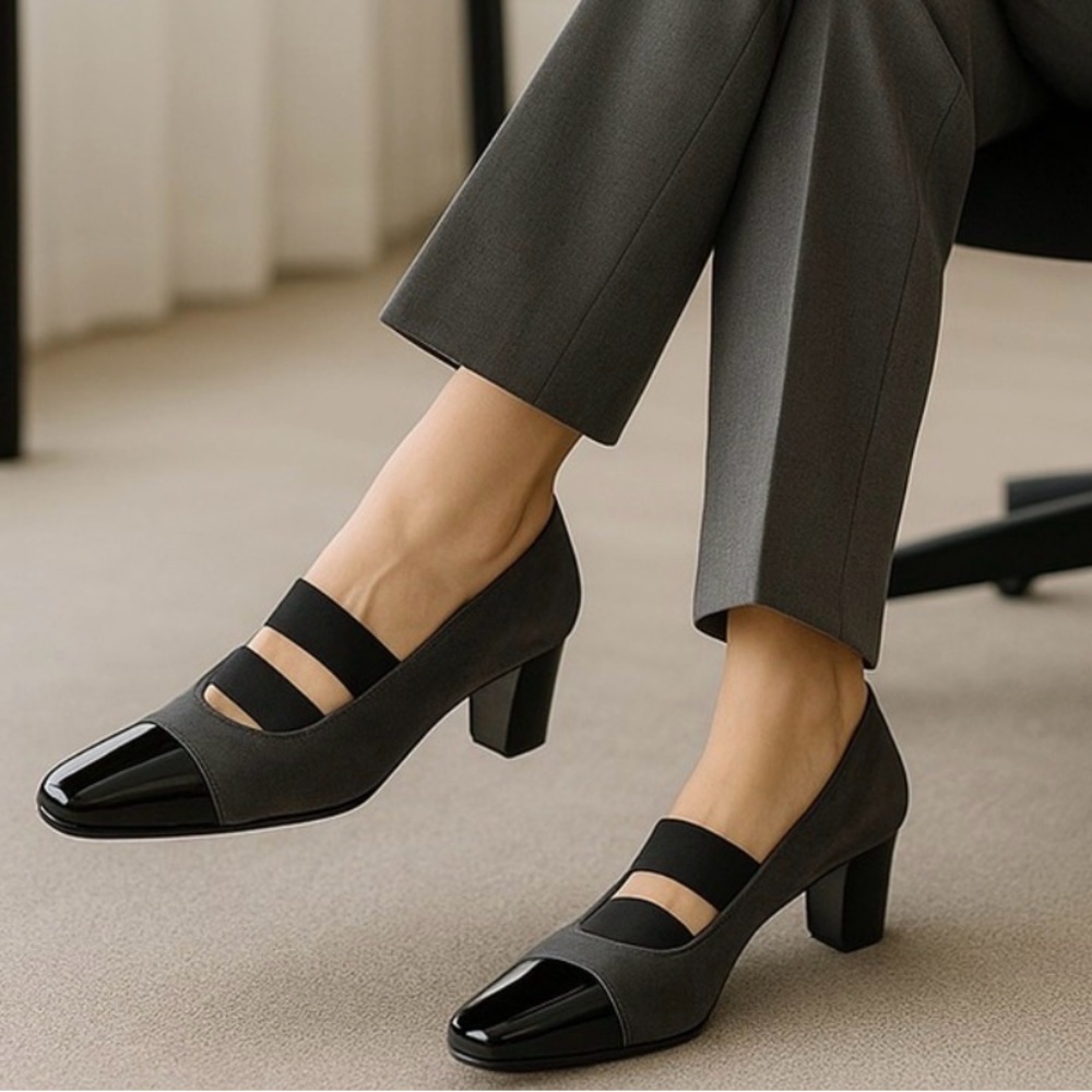 Italian Suede Cap Toe Block Heel Pumps Gray Black Work Office Size 8 | Prevata